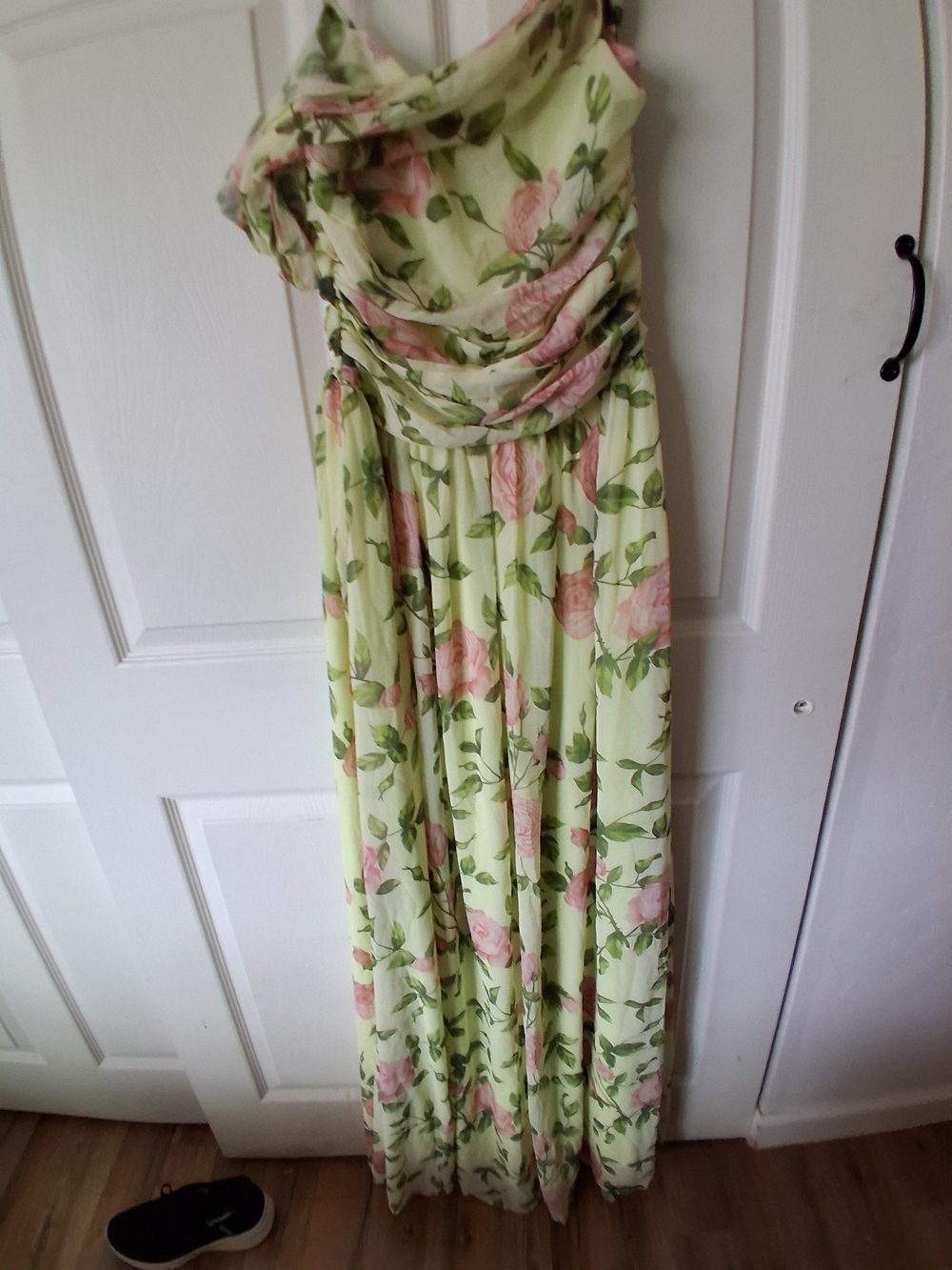 Green and Pink Floral Maxi Dress with Draped Bodice